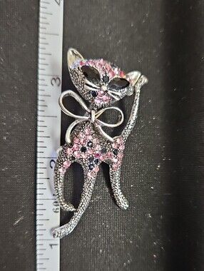Silver-tone Pink Crystal Cat Brooch with Bow